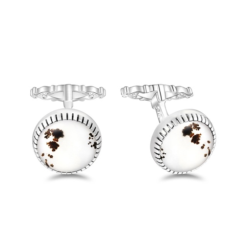 [CFL01ACY00000A274] Sterling Silver 925 Cufflink Rhodium Plated Embedded With Natural Agate