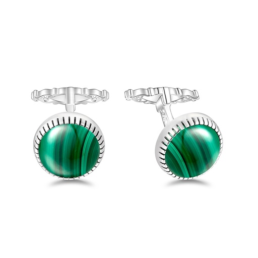 [CFL01MAL00000A274] Sterling Silver 925 Cufflink Rhodium Plated Embedded With Malachite