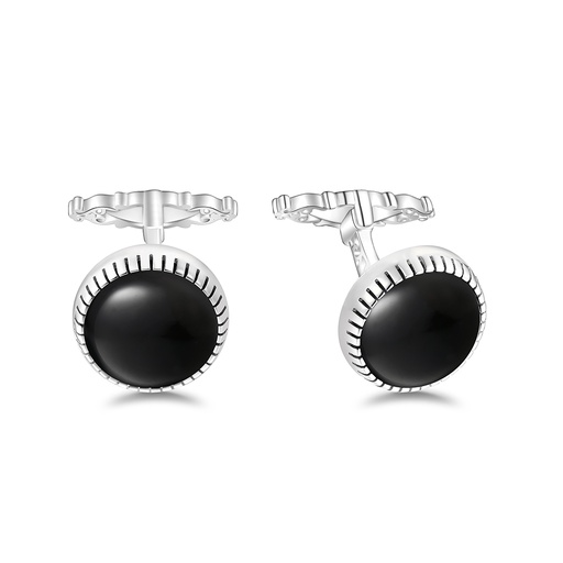 [CFL01ONX00000A274] Sterling Silver 925 Cufflink Rhodium Plated Embedded With Black Agate