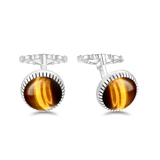 [CFL01TGE00000A274] Sterling Silver 925 Cufflink Rhodium Plated Embedded With Yellow Tiger Eye
