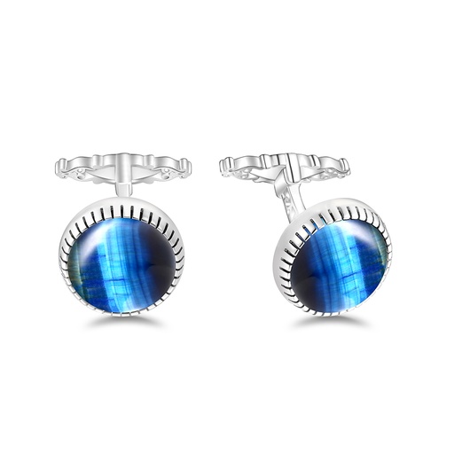 [CFL01TGU00000A274] Sterling Silver 925 Cufflink Rhodium Plated Embedded With Blue Tiger Eye