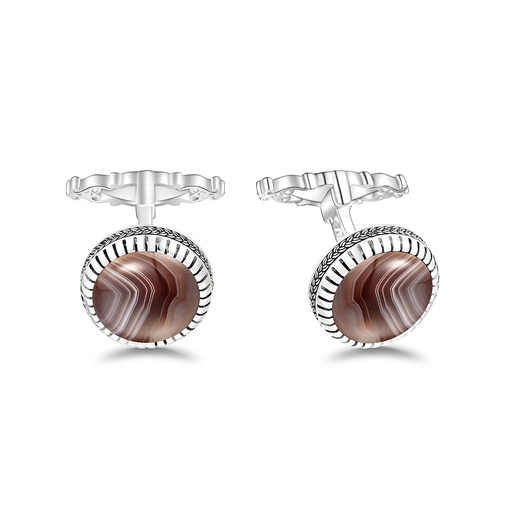 [CFL01BOT00000A278] Sterling Silver 925 Cufflink Rhodium Plated Embedded With Botswana Agate