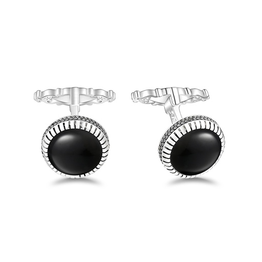 [CFL01ONX00000A278] Sterling Silver 925 Cufflink Rhodium Plated Embedded With Black Agate