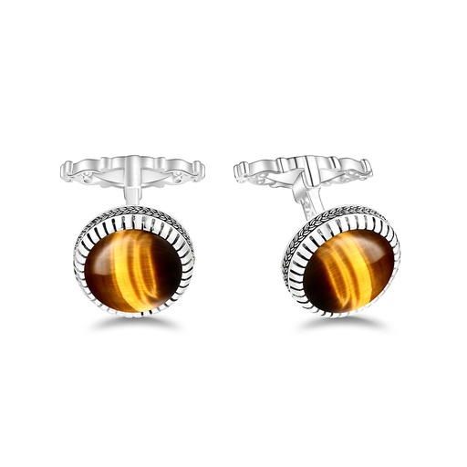 [CFL01TGE00000A278] Sterling Silver 925 Cufflink Rhodium Plated Embedded With Yellow Tiger Eye