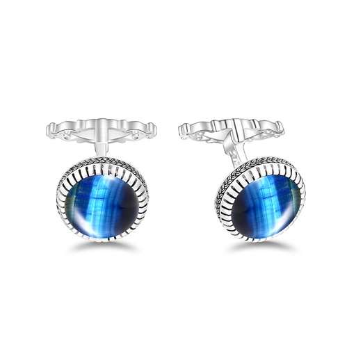 [CFL01TGU00000A278] Sterling Silver 925 Cufflink Rhodium Plated Embedded With Blue Tiger Eye