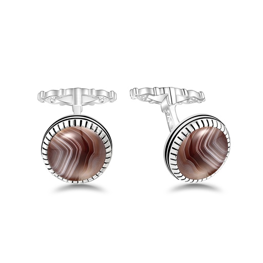 [CFL01BOT00000A279] Sterling Silver 925 Cufflink Rhodium Plated Embedded With Botswana Agate