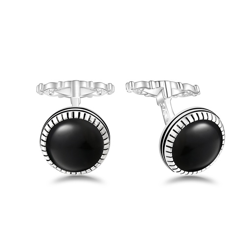 [CFL01ONX00000A279] Sterling Silver 925 Cufflink Rhodium Plated Embedded With Black Agate