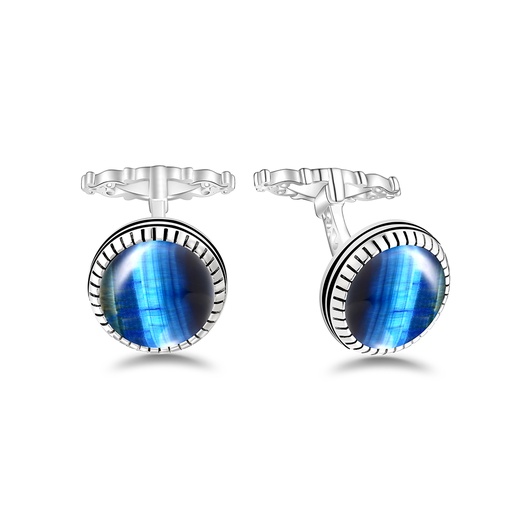 [CFL01TGU00000A279] Sterling Silver 925 Cufflink Rhodium Plated Embedded With Blue Tiger Eye
