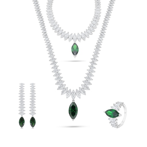 Sterling Silver 925 SET Rhodium Plated Embedded With Emerald Zircon And White Zircon