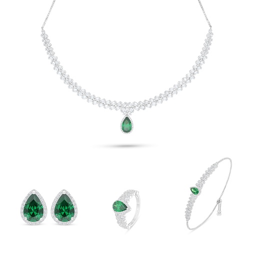 Sterling Silver 925 SET Rhodium Plated Embedded With Emerald Zircon And White Zircon