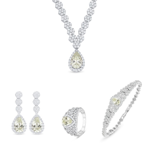 Sterling Silver 925 SET Rhodium Plated Embedded With Yellow Diamond And White Zircon