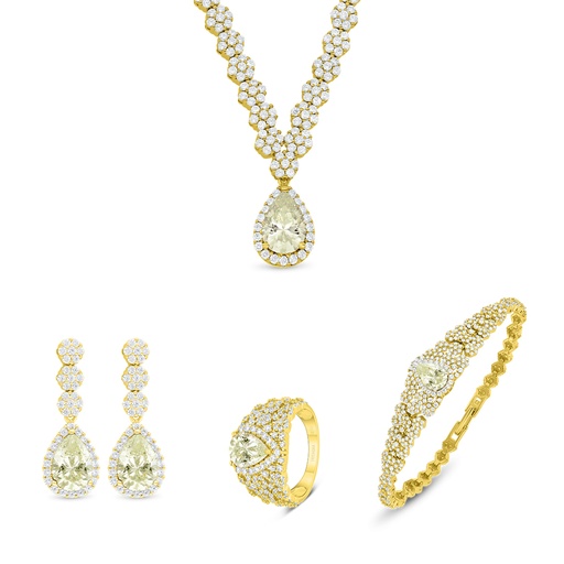 Sterling Silver 925 SET Rhodium Plated Embedded With Yellow Diamond And White Zircon