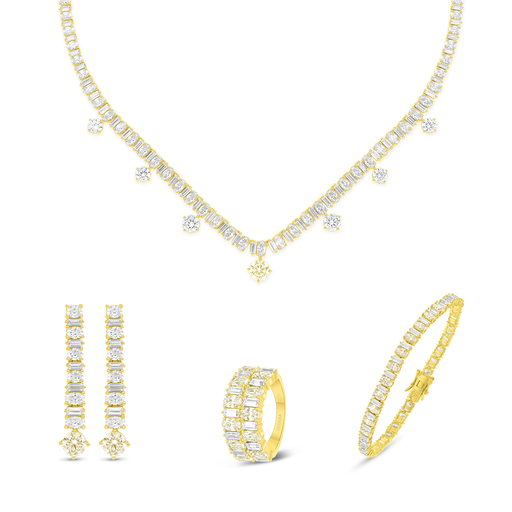 Sterling Silver 925 SET Golden Plated Embedded With Yellow Diamond And White Zircon