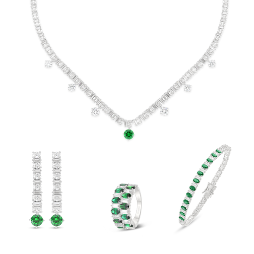 Sterling Silver 925 SET Rhodium Plated Embedded With Emerald Zircon And White Zircon