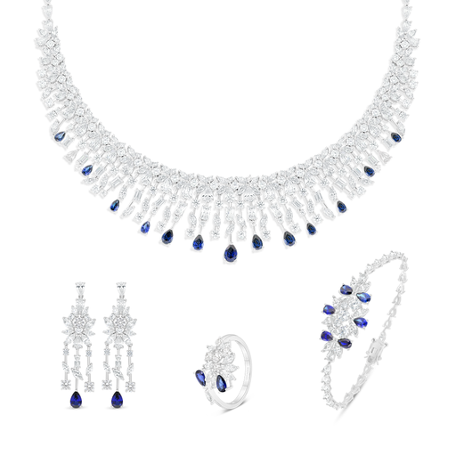 Sterling Silver 925 SET Rhodium Plated Embedded With Sapphire CorundumAnd White Zircon