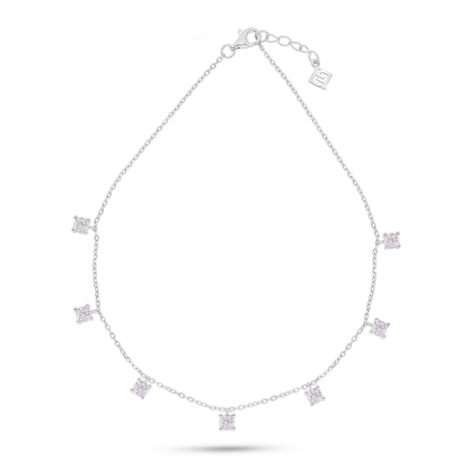 [ANK01PIK00000A035] Sterling Silver 925 Anklet Rhodium Plated Embedded With Pink Zircon 