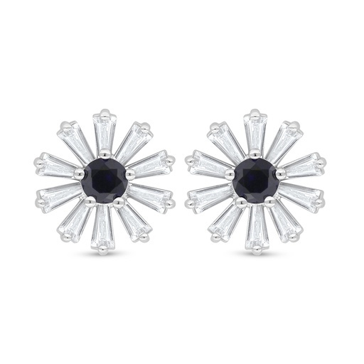 [EAR01SAP00WCZD090] Sterling Silver 925 Earring Rhodium Plated Embedded With Sapphire Corundum And White Zircon