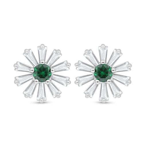 [EAR01EMR00WCZD090] Sterling Silver 925 Earring Rhodium Plated Embedded With Emerald Zircon And White Zircon