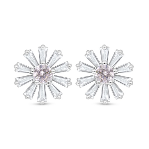 [EAR01PIK00WCZD090] Sterling Silver 925 Earring Rhodium Plated Embedded With Pink Zircon And White Zircon