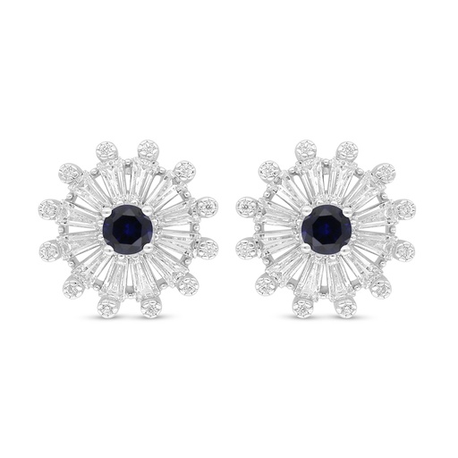 [EAR01SAP00WCZD092] Sterling Silver 925 Earring Rhodium Plated Embedded With Sapphire Corundum And White Zircon