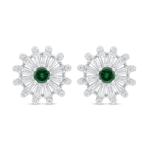 [EAR01EMR00WCZD092] Sterling Silver 925 Earring Rhodium Plated Embedded With Emerald Zircon And White Zircon