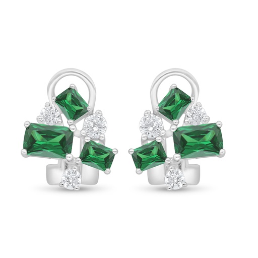 [EAR01EMR00WCZD093] Sterling Silver 925 Earring Rhodium Plated Embedded With Emerald Zircon And White Zircon