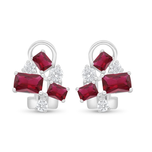 [EAR01RUB00WCZD093] Sterling Silver 925 Earring Rhodium Plated Embedded With Ruby Corundum And White Zircon