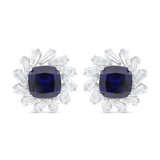 [EAR01SAP00WCZD095] Sterling Silver 925 Earring Rhodium Plated Embedded With Sapphire Corundum And White Zircon