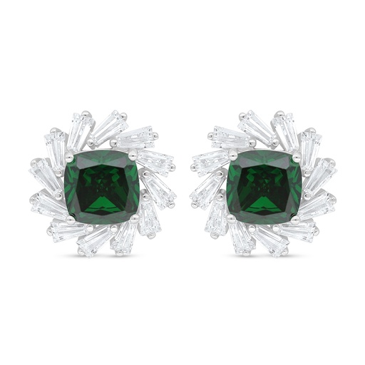 [EAR01EMR00WCZD095] Sterling Silver 925 Earring Rhodium Plated Embedded With Emerald Zircon And White Zircon