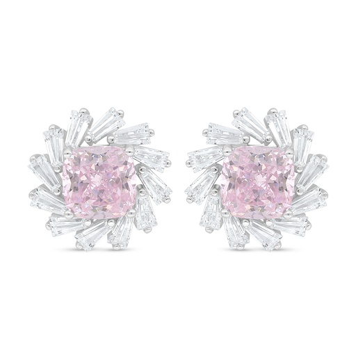 [EAR01PIK00WCZD095] Sterling Silver 925 Earring Rhodium Plated Embedded With Pink Zircon And White Zircon