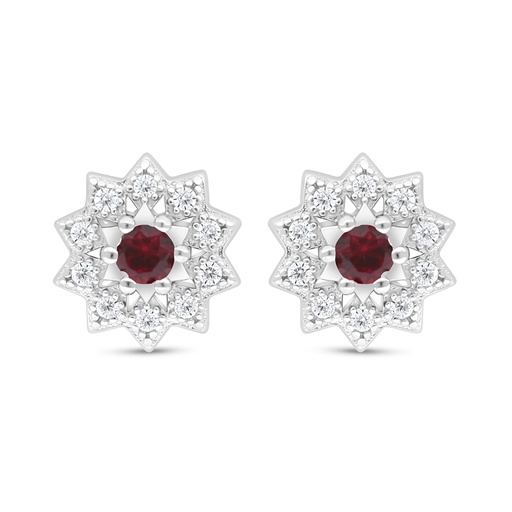 [EAR01RUB00WCZD104] Sterling Silver 925 Earring Rhodium Plated Embedded With Ruby Corundum And White Zircon