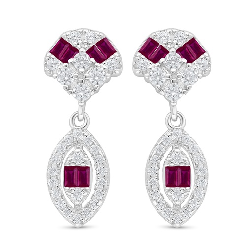 [EAR01RUB00WCZD110] Sterling Silver 925 Earring Rhodium Plated Embedded With Ruby Corundum And White Zircon