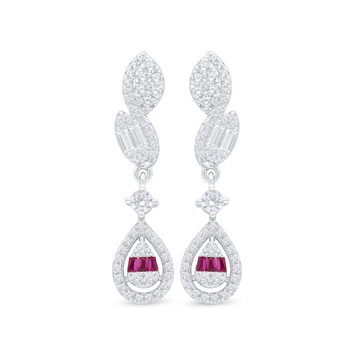 [EAR01RUB00WCZD111] Sterling Silver 925 Earring Rhodium Plated Embedded With Ruby Corundum And White Zircon