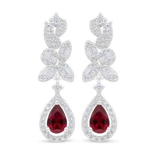 [EAR01RUB00WCZD112] Sterling Silver 925 Earring Rhodium Plated Embedded With Ruby Corundum And White Zircon