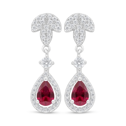 [EAR01RUB00WCZD113] Sterling Silver 925 Earring Rhodium Plated Embedded With Ruby Corundum And White Zircon