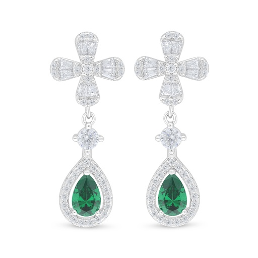 [EAR01EMR00WCZD116] Sterling Silver 925 Earring Rhodium Plated Embedded With Emerald Zircon And White Zircon