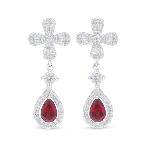 [EAR01RUB00WCZD116] Sterling Silver 925 Earring Rhodium Plated Embedded With Ruby Corundum And White Zircon