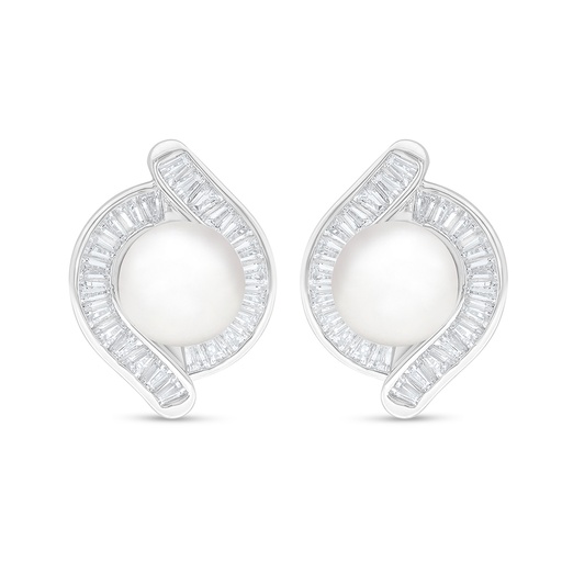 [EAR01FPR00WCZD119] Sterling Silver 925 Earring Rhodium Plated Embedded With Natural White Pearl And White Zircon 