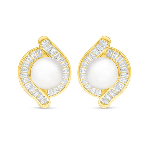 [EAR02FPR00WCZD119] Sterling Silver 925 Earring Golden Plated Embedded With Natural White Pearl And White Zircon 