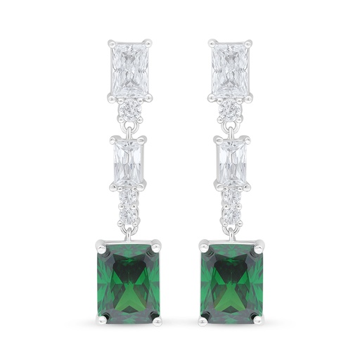 [EAR01EMR00WCZD122] Sterling Silver 925 Earring Rhodium Plated Embedded With Emerald Zircon And White Zircon