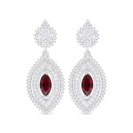 [EAR01RUB00WCZD132] Sterling Silver 925 Earring Rhodium Plated Embedded With Ruby Corundum And White Zircon