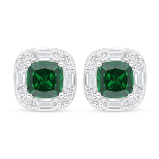 [EAR01EMR00WCZD142] Sterling Silver 925 Earring Rhodium Plated Embedded With Emerald Zircon And White Zircon