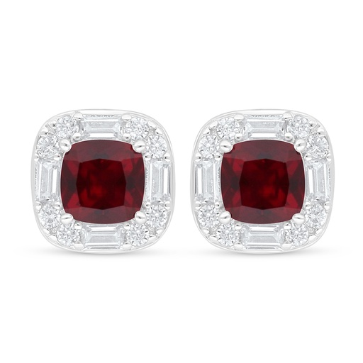 [EAR01RUB00WCZD142] Sterling Silver 925 Earring Rhodium Plated Embedded With Ruby Corundum And White Zircon