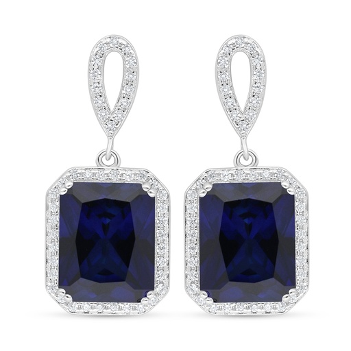 [EAR01SAP00WCZD143] Sterling Silver 925 Earring Rhodium Plated Embedded With Sapphire Corundum And White Zircon