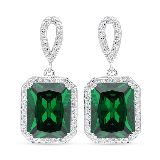 [EAR01EMR00WCZD143] Sterling Silver 925 Earring Rhodium Plated Embedded With Emerald Zircon And White Zircon