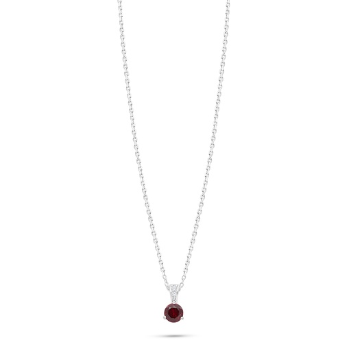 [NCL01RUB00WCZC147] Sterling Silver 925 Necklace Rhodium Plated Embedded With Ruby Corundum And White Zircon