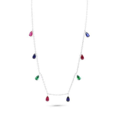 [NCL01MLS00000C152] Sterling Silver 925 Necklace Rhodium Plated Embedded With Emerald Zircon And Sapphire Corundum And Ruby Corundum 