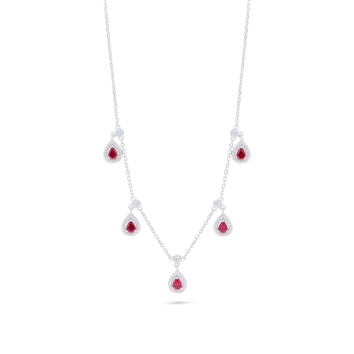 [NCL01RUB00WCZC159] Sterling Silver 925 Necklace Rhodium Plated Embedded With Ruby Corundum And White Zircon