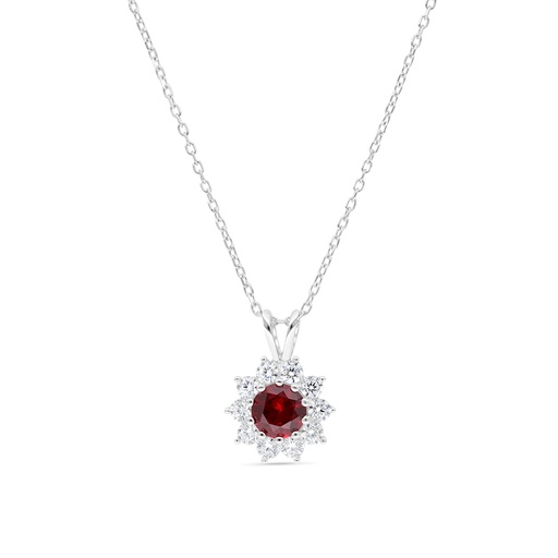 [NCL01RUB00WCZC167] Sterling Silver 925 Necklace Rhodium Plated Embedded With Ruby Corundum And White Zircon