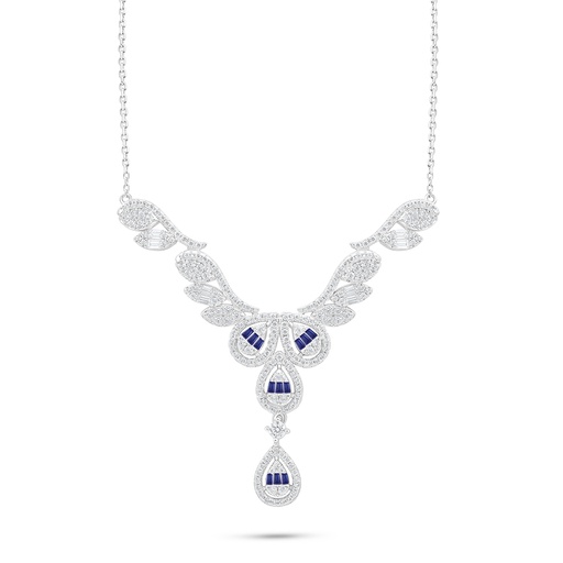 [NCL01SAP00WCZC169] Sterling Silver 925 Necklace Rhodium Plated Embedded With Sapphire Corundum And White Zircon